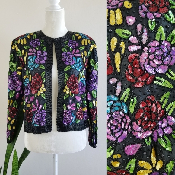 Vintage Jackets & Blazers - VTG 80s Scala Bead + Sequin Bolero Jacket